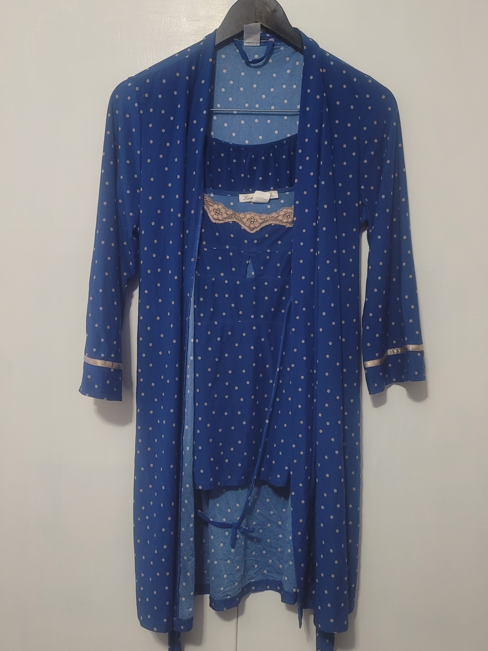 Linea Donatella Blue Polka Dot Loungewear Set with Beige Lace Trim 3 Piece
